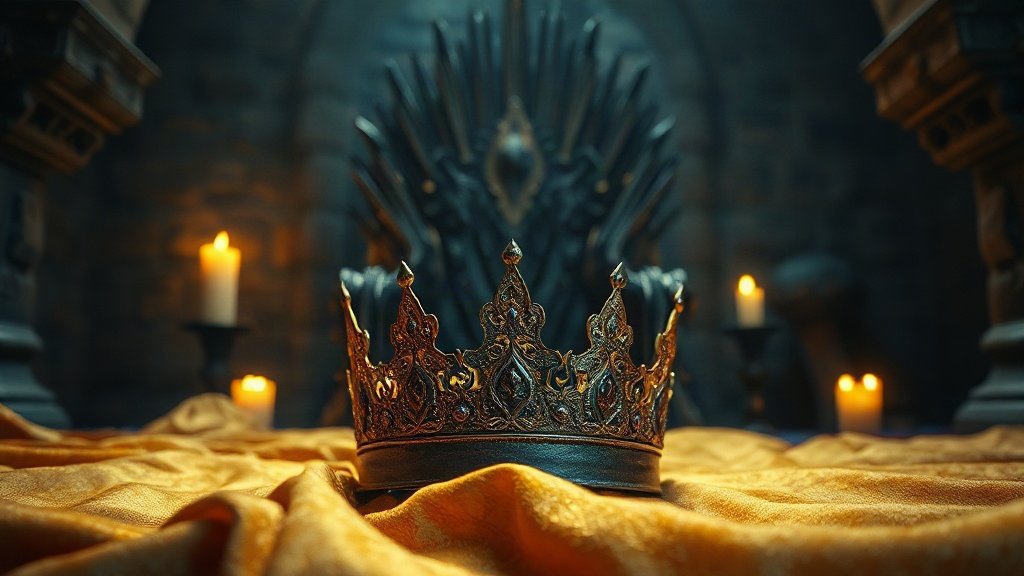 Couronne de fer sertie d'un rubis sombre et gantelet de bataille posés sur du velours rouge devant un trône de fer forgé éclairé aux chandelles, dans une salle médiévale de pierre, ambiance Aegon II Targaryen et House of the Dragon