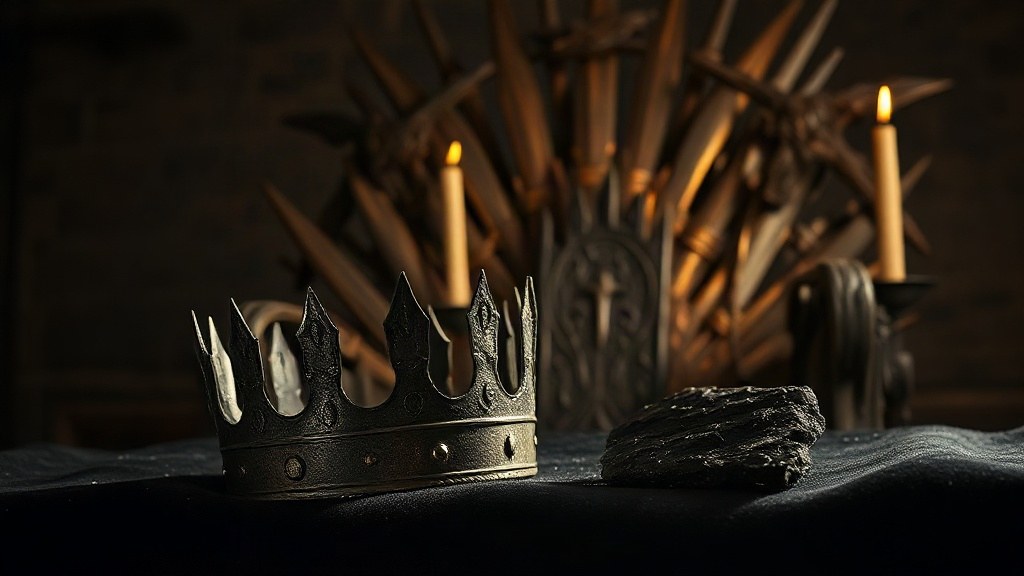 Petite couronne de fer ternie et fragment d'écaille de dragon noircie par les cendres posés sur du velours sombre devant un trône de fer forgé éclairé aux chandelles, dans une salle médiévale de pierre plongée dans la pénombre, ambiance Aegon III Targaryen et House of the Dragon