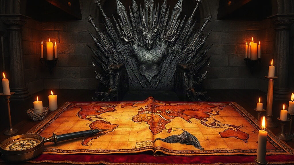 Carte ancienne de Westeros en cuir patiné, boussole de bronze ouvragée et fragment d'écaille de dragon posés sur du velours rouge sombre devant un trône de fer forgé fait de milliers d'épées fondues, éclairé aux chandelles dans une salle médiévale de pierre, ambiance Aegon le Conquérant