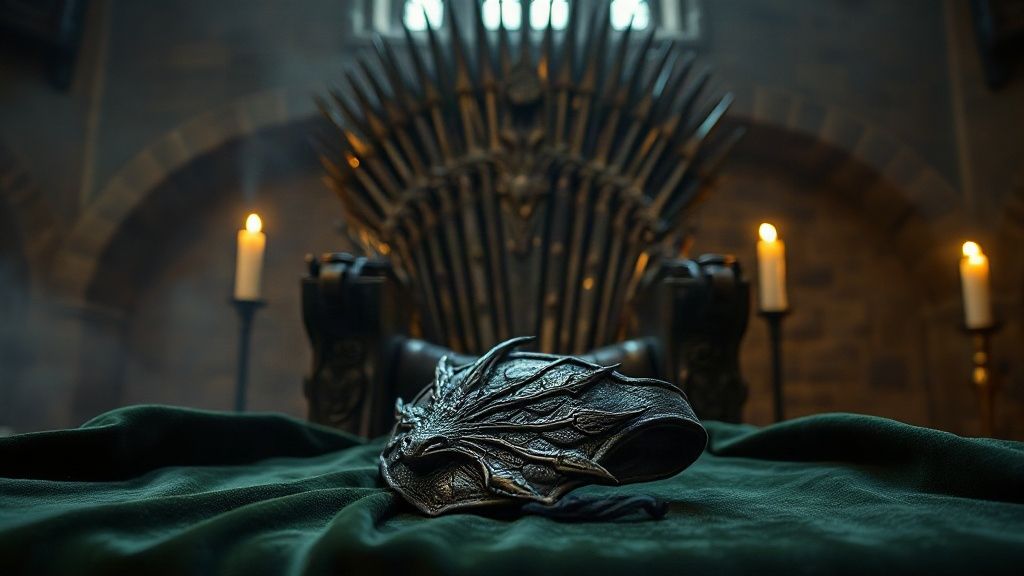 Œil de saphir incrusté dans un heaume de guerre posé près d'écailles de dragon sombres, éclairé par une torche dans une salle de château médiéval en pierre, ambiance Aemond Targaryen et House of the Dragon
