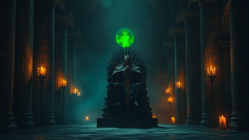 Couronne de fer tordue et fiole de feu grégeois d'un vert luminescent posées sur du velours sombre devant un trône de fer forgé éclairé aux chandelles, dans une salle médiévale de pierre plongée dans la pénombre, ambiance Aerys II Targaryen le Roi Fou et Game of Thrones