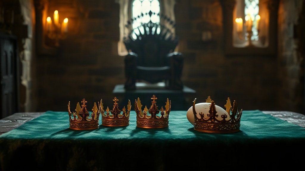 Quatre petites couronnes dorées de tailles différentes disposées sur un velours vert émeraude à côté d'un œuf de dragon pâle, éclairées à la chandelle dans une salle de château médiéval en pierre, silhouette d'un trône de fer forgé dans l'ombre, ambiance Alicent Hightower et House of the Dragon