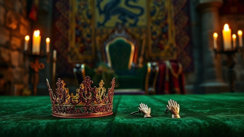 Couronne d'or et broche de la Main en argent posées sur du velours vert devant un trône de fer forgé éclairé aux chandelles, dans une salle médiévale de pierre, ambiance Alicent Hightower et House of the Dragon