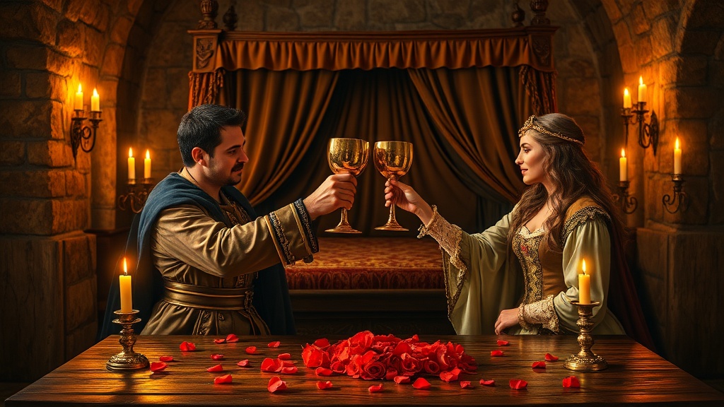 Célébration médiévale romantique aux chandelles dans une chambre en pierre dorée, calices et pétales de roses