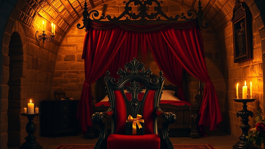 Anniversaire surprise au château : trône de fer forgé et lit à baldaquin éclairés aux chandelles dans une chambre médiévale de pierre