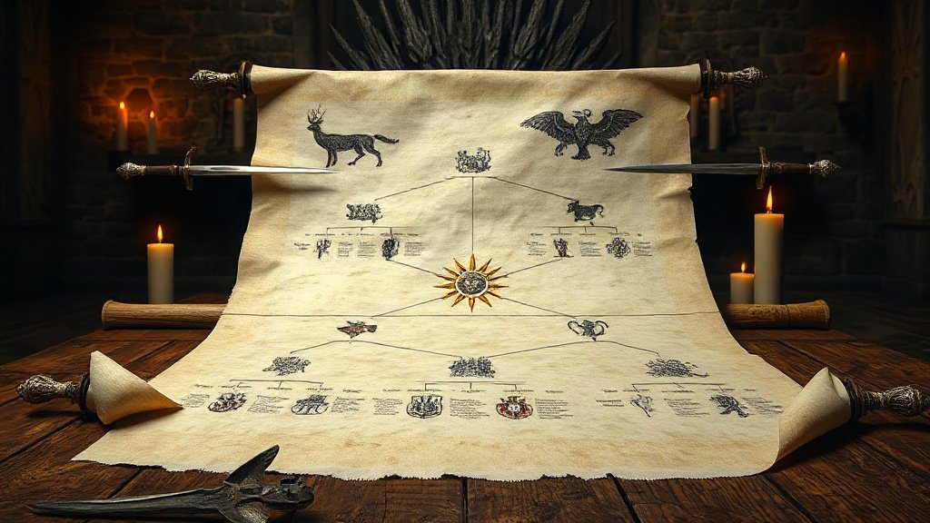 Grand parchemin d'arbre généalogique déroulé sur une table de bois, avec neuf sceaux héraldiques miniatures — loup, dragon, lion, cerf, rose, soleil, truite, faucon et kraken — près d'un trône de fer forgé dans une salle médiévale de pierre éclairée aux chandelles