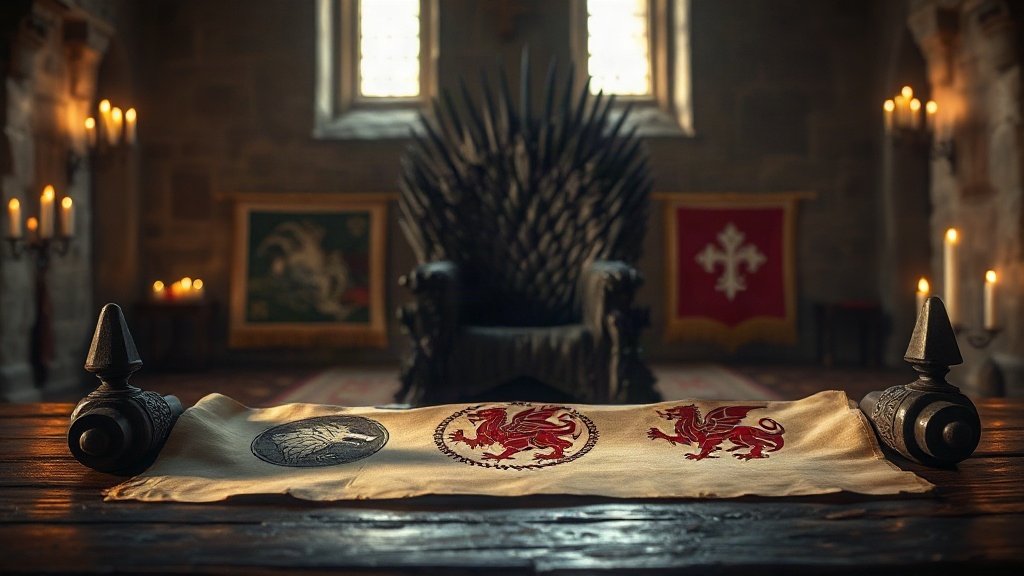 Parchemin d'un arbre généalogique où se croisent un sceau à tête de loup-garou gris et un sceau à tête de dragon rouge, déroulé sur une table de bois près d'un trône de fer forgé dans une salle médiévale de pierre éclairée aux chandelles, ambiance Jon Snow et Game of Thrones