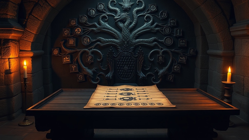 Parchemin d'un arbre généalogique orné de sceaux à tête de dragon, déroulé sur une table de bois près d'un trône de fer forgé dans une salle médiévale éclairée aux chandelles