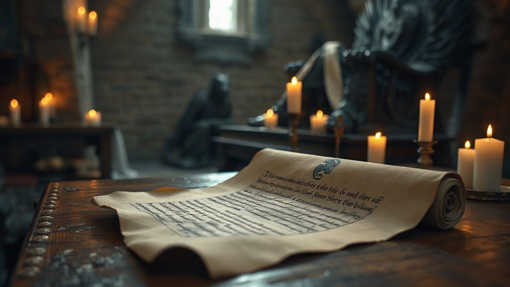 Parchemin d'un arbre généalogique orné d'un sceau à hippocampe d'argent sur fond vert marine, déroulé sur une table de bois près d'un trône de fer forgé dans une salle médiévale de pierre éclairée aux chandelles, ambiance Velaryon et House of the Dragon