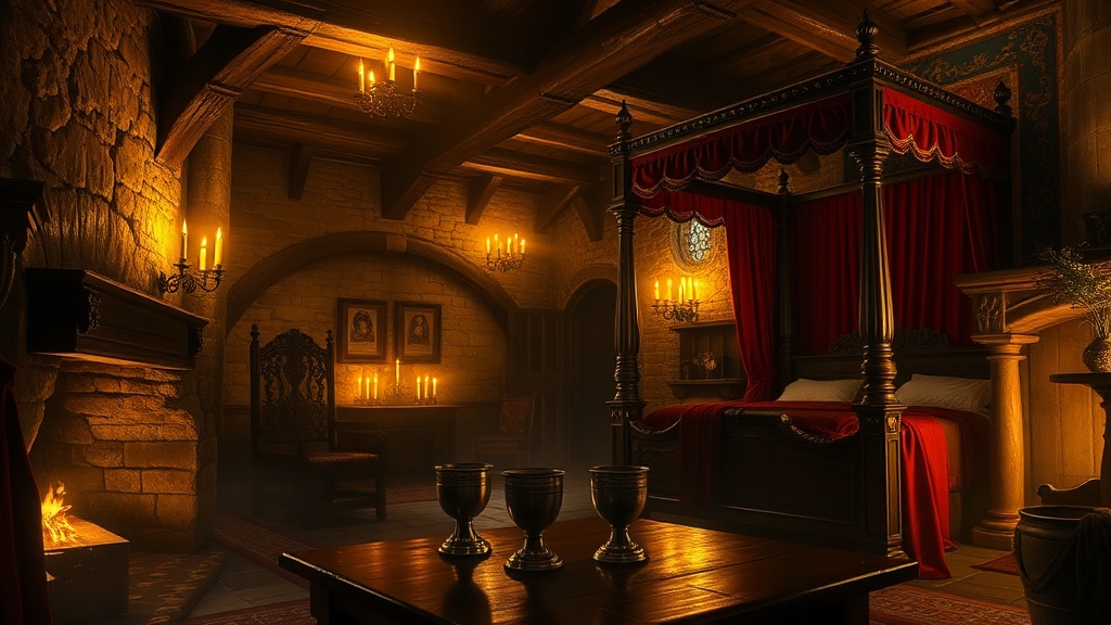 Intérieur d'une auberge médiévale immersive éclairé aux chandelles : murs de pierre, poutres de bois, trône de fer forgé, lit à baldaquin drapé de velours rouge et cheminée allumée