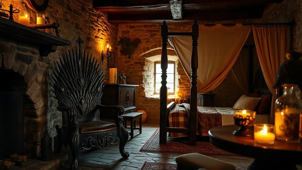 Chambre d'auberge médiévale à Saint-Étienne à la tombée du jour, trône de fer forgé près d'une cheminée de pierre allumée, lit à baldaquin en bois dans la pénombre