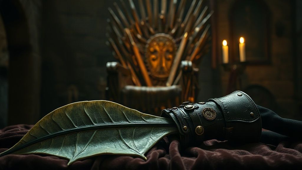 Écaille de dragon verte pâle et gantelet de cuir de cavalière posés sur du velours sombre devant un trône de fer forgé éclairé aux chandelles, dans une salle médiévale de pierre plongée dans la pénombre, ambiance Baela Targaryen et House of the Dragon