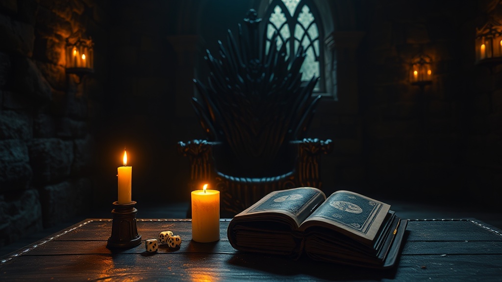 Cadeau fan de Baldur's Gate 3 : trône de fer forgé éclairé aux chandelles dans une chambre médiévale de pierre, dés et grimoire posés sur une table de bois