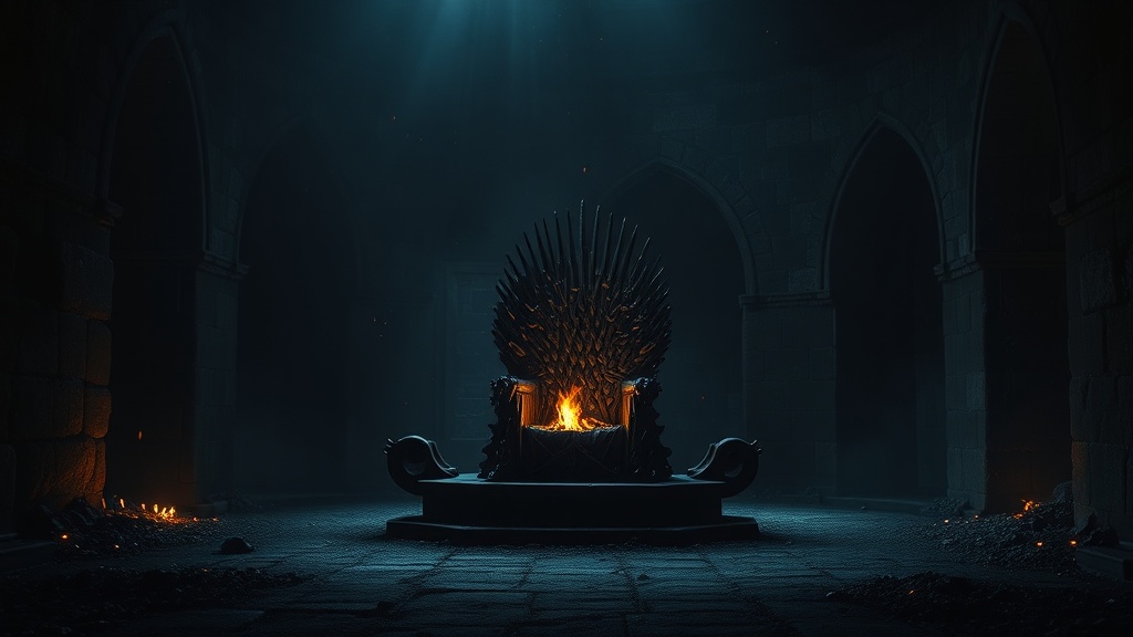 Trône de fer forgé éclairé par une flamme unique dans une chambre médiévale de pierre plongée dans la pénombre, ambiance dark fantasy évoquant Lordran de Dark Souls