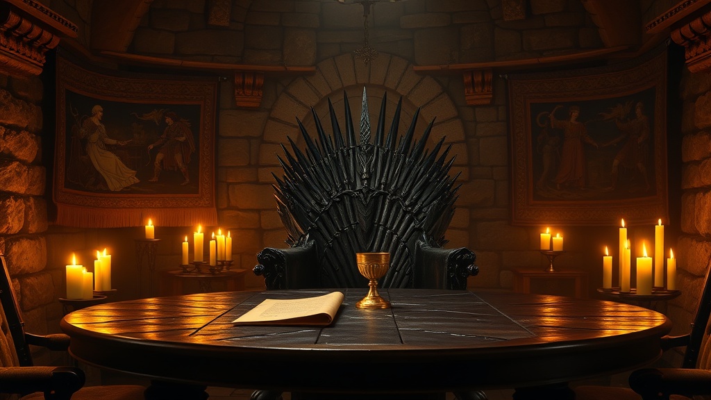Cadeau fan de Kaamelott : trône de fer forgé à la main éclairé aux chandelles dans une chambre médiévale, calice doré et lettre scellée façon parchemin posés sur une table de bois