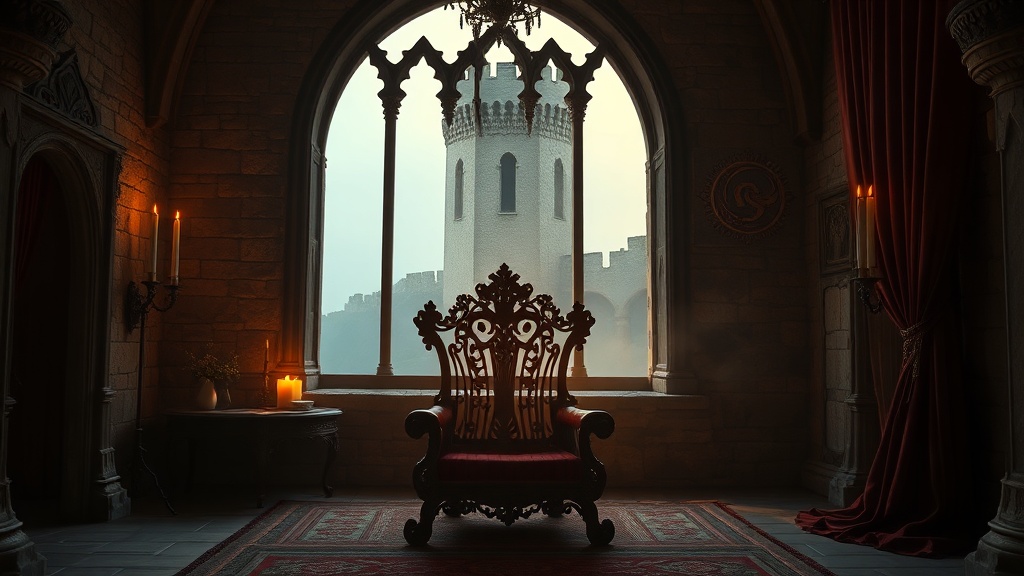 Cadeau fan de La Roue du Temps : trône de fer forgé éclairé aux chandelles dans une chambre médiévale de pierre, silhouette d'une tour blanche évoquant Tar Valon