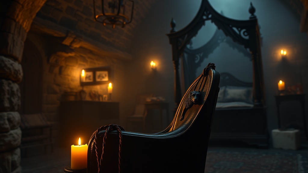Médaillon de loup et trône de fer forgé éclairés aux chandelles dans une chambre médiévale de pierre, cadeau fan de The Witcher