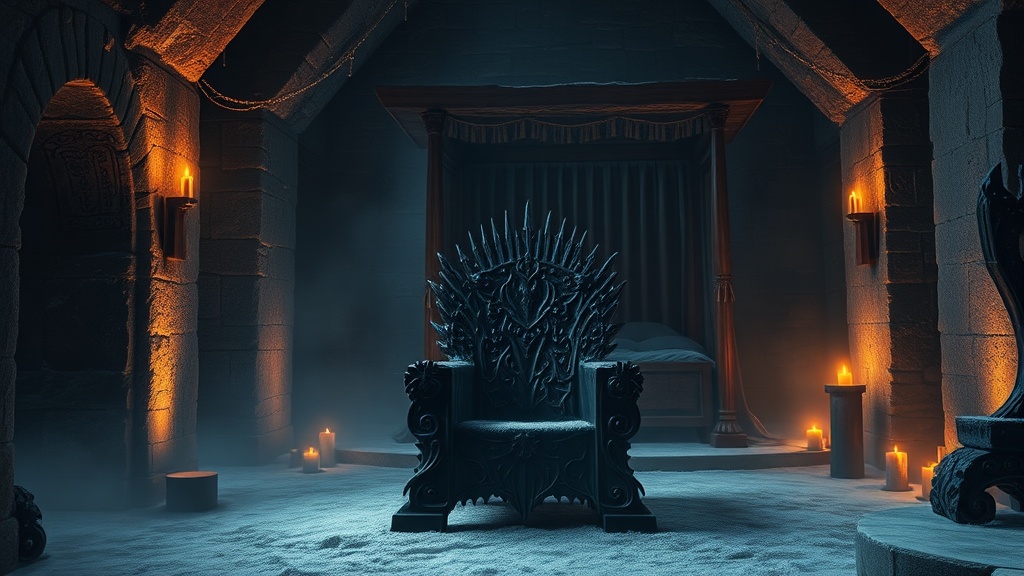 Cadeau fan de God of War Ragnarök : trône de fer forgé à la main éclairé aux chandelles dans une chambre médiévale de pierre givrée, ambiance nordique évoquant Midgard