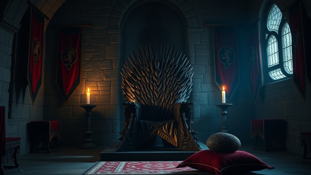 Trône de fer forgé éclairé aux chandelles dans une chambre médiévale de pierre, ambiance Targaryen, cadeau fan de House of the Dragon