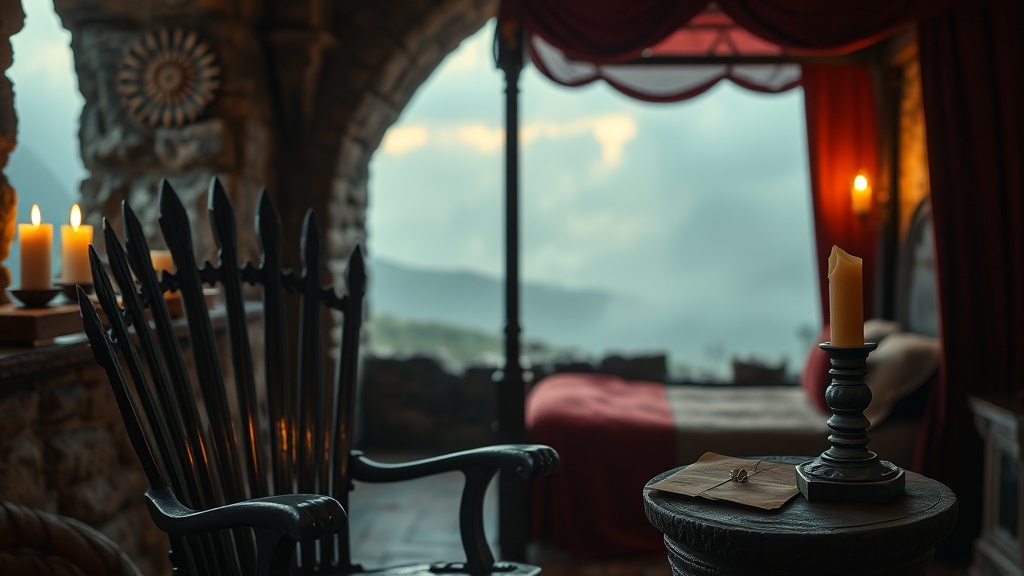 Cadeau fan d'Outlander : trône de fer forgé et lettre cachetée à la cire éclairés aux chandelles dans une chambre médiévale de pierre