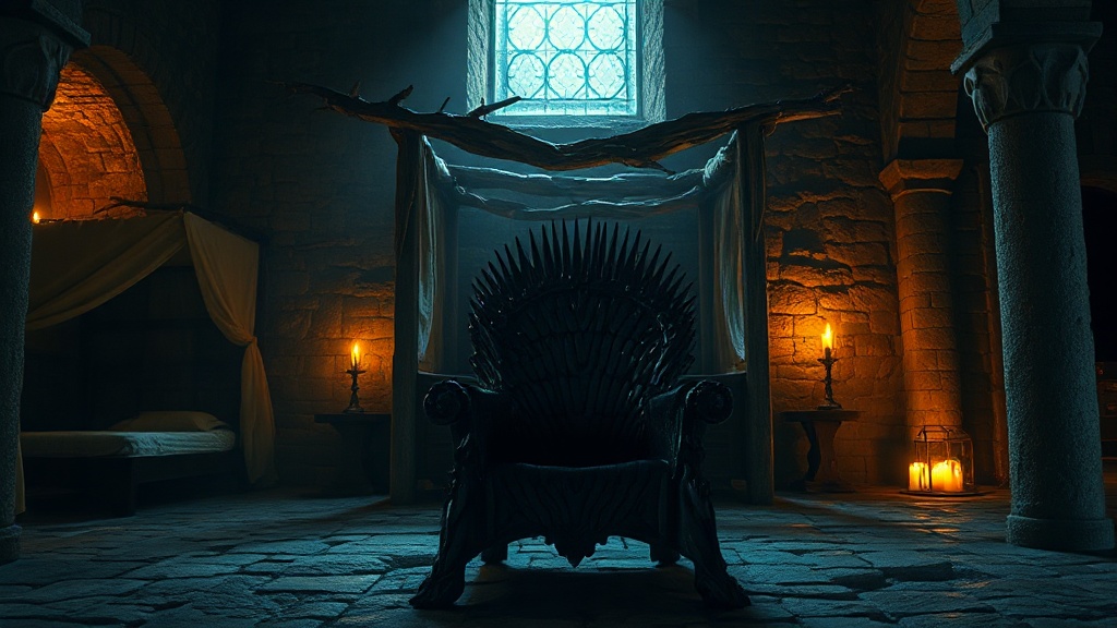 Cadeau fan de The Last Kingdom : trône de fer forgé éclairé aux chandelles dans une chambre médiévale de pierre évoquant le Wessex saxon