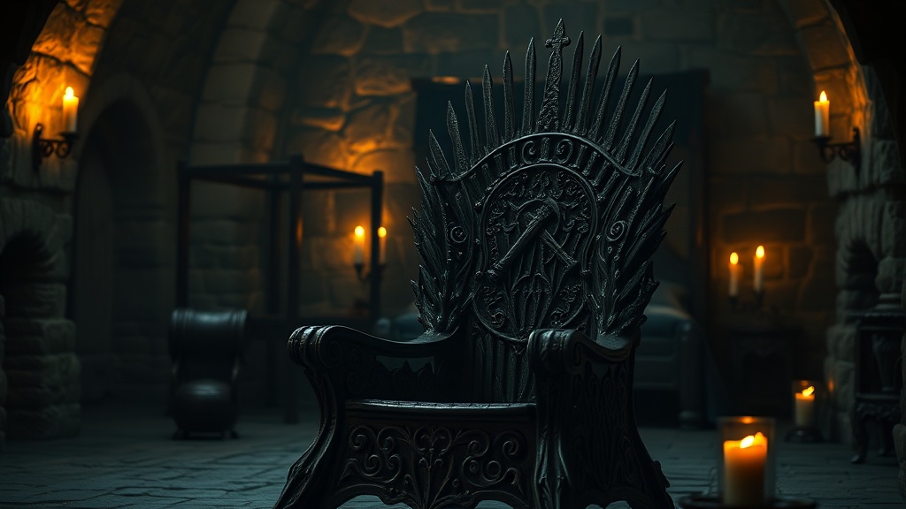 Cadeau fan de Vikings Valhalla : trône de fer forgé à la main éclairé aux chandelles dans une chambre médiévale de pierre, ambiance nordique évoquant Kattegat