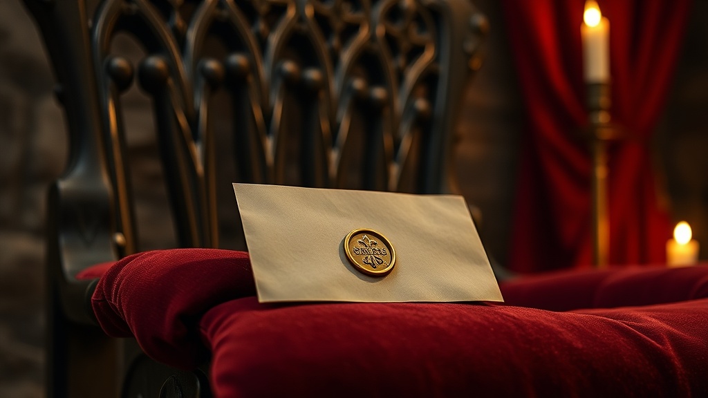Carte cadeau nuit insolite scellée à la cire posée devant un trône de fer forgé éclairé aux chandelles dans une chambre médiévale de pierre