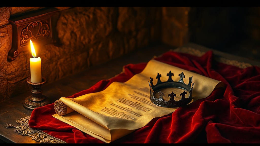 Parchemin cacheté à la cire et petite couronne de fer forgé posés sur du velours rouge à la lueur d'une chandelle, symbole d'un coffret cadeau couple original médiéval