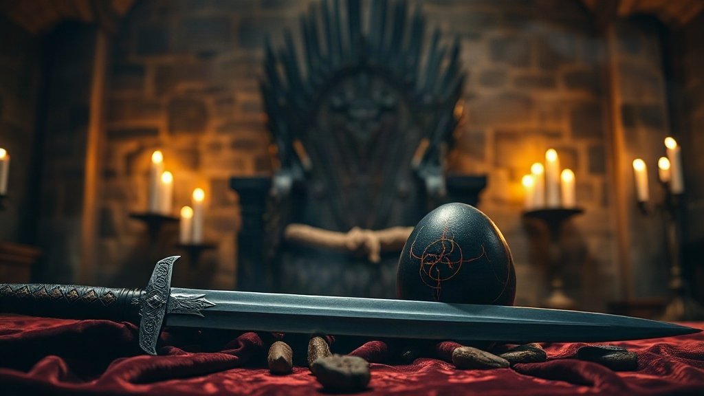 Épée d'acier valyrien sombre et œuf de dragon noir aux veines rouges posés sur du velours pourpre devant un trône de fer forgé éclairé aux chandelles, dans une salle médiévale de pierre, ambiance Daemon Targaryen et House of the Dragon