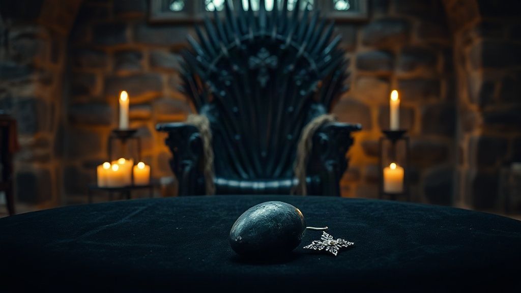 Couronne d'argent et pendentif dragon tricéphale posés sur du velours sombre devant un trône de fer forgé éclairé aux chandelles, dans une salle médiévale de pierre, ambiance Daenerys Targaryen et Game of Thrones