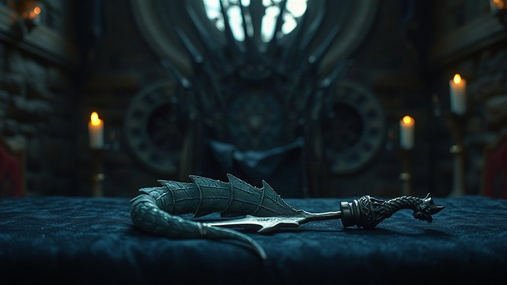 Jeune écaille de dragon bleu argenté et éperon de chevalier fraîchement forgé posés sur du velours bleu nuit devant un trône de fer forgé éclairé aux chandelles, dans une salle médiévale de pierre plongée dans la pénombre, ambiance Daeron Targaryen et House of the Dragon