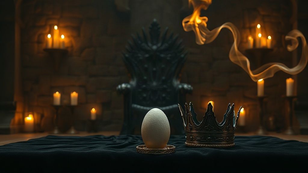 Parchemin d'arbre généalogique Targaryen déroulé sur une table de bois près d'un trône de fer forgé dans une salle médiévale de pierre éclairée aux chandelles, ambiance Daenerys Targaryen et Game of Thrones