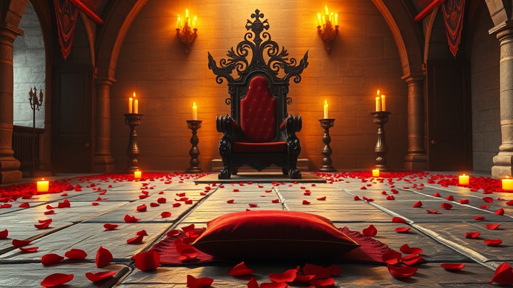 Salle du trône médiévale éclairée aux chandelles avec pétales de roses et écrin de bague
