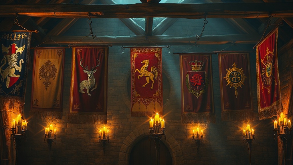 Six bannières héraldiques de Maisons de Game of Thrones — loup, lion, dragon, cerf, rose et soleil percé d'une lance — suspendues dans une grande salle de château médiévale éclairée aux chandelles