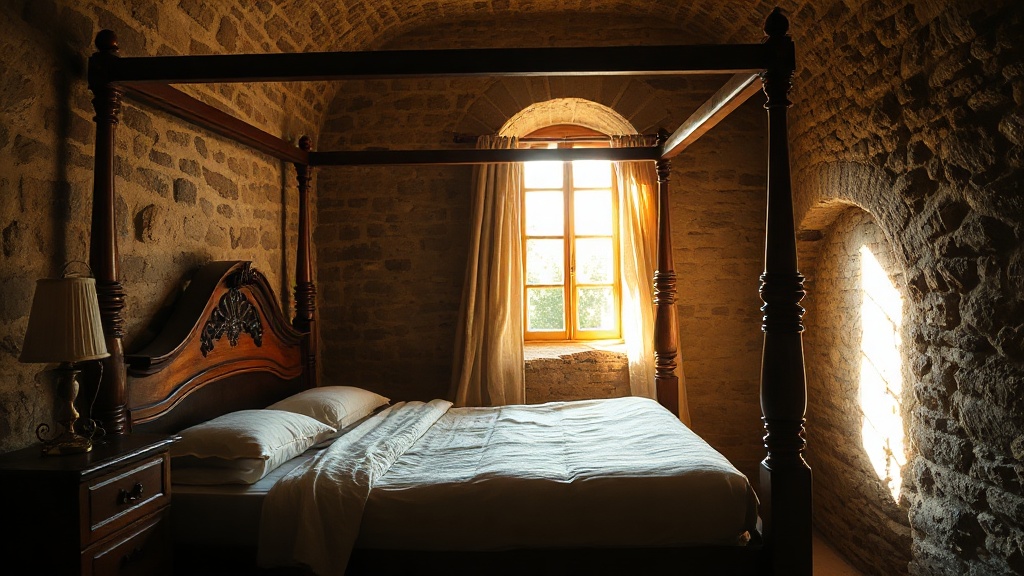 Chambre médiévale fraîche et ombragée en plein été : lit à baldaquin en bois, lumière dorée filtrant par une fenêtre, atmosphère apaisée contrastant avec la chaleur du dehors, refuge anti-canicule sans climatisation