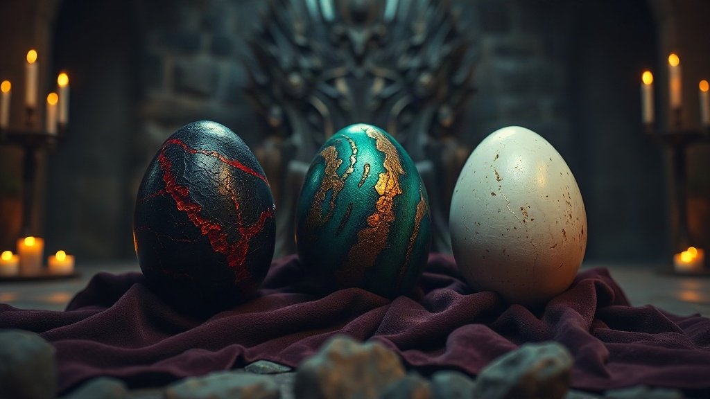 Trois œufs de dragon pétrifiés, un noir strié d'écarlate, un vert émeraude et un crème et or, reposant sur du velours sombre devant un trône de fer forgé éclairé aux chandelles, dans une salle médiévale de pierre plongée dans la pénombre, ambiance dragons de Daenerys Targaryen et Game of Thrones