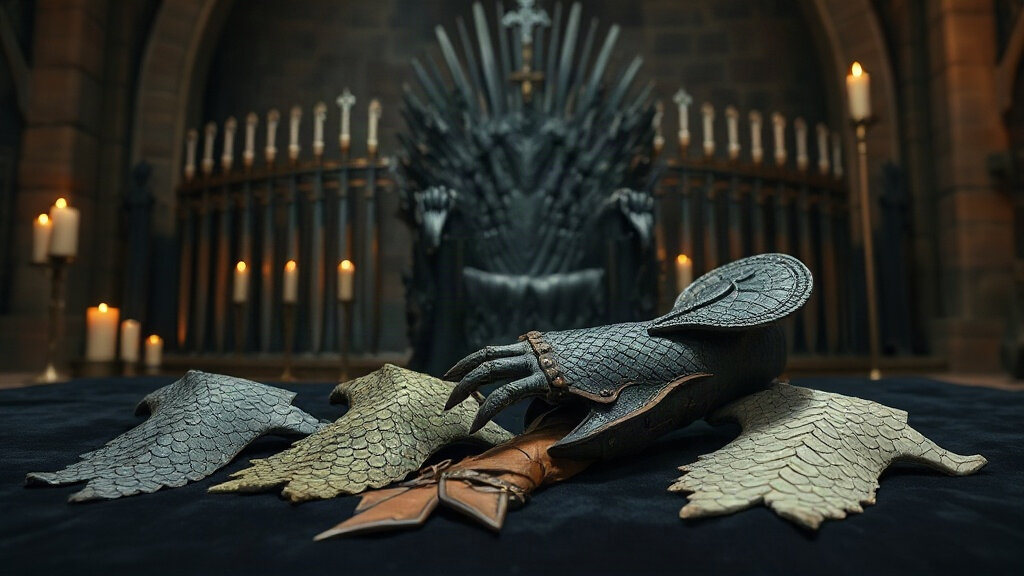 Plusieurs écailles de dragon de couleurs différentes — noire, vert pâle, bronze et crème — et un gantelet de cavalier en cuir usé, posés sur du velours sombre devant un trône de fer forgé éclairé aux chandelles, dans une salle médiévale de pierre, ambiance dragons de House of the Dragon