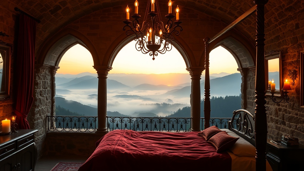 Chambre médiévale romantique avec lit à baldaquin et vue panoramique sur les montagnes brumeuses des Rhône-Alpes au coucher du soleil