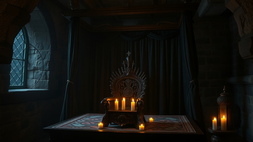 Chambre médiévale de pierre plongée dans la pénombre, trône de fer forgé éclairé aux chandelles et lit à baldaquin de bois, ambiance d'expérience immersive moyen âge
