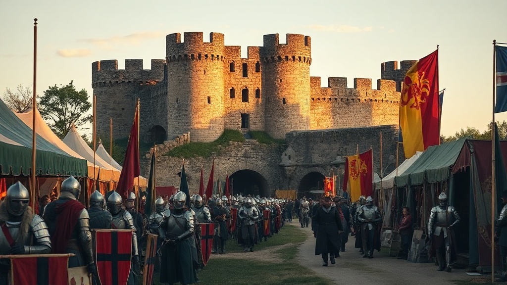Fête médiévale en Isère au crépuscule, campement de tentes et bannières colorées devant les ruines d'un donjon de pierre