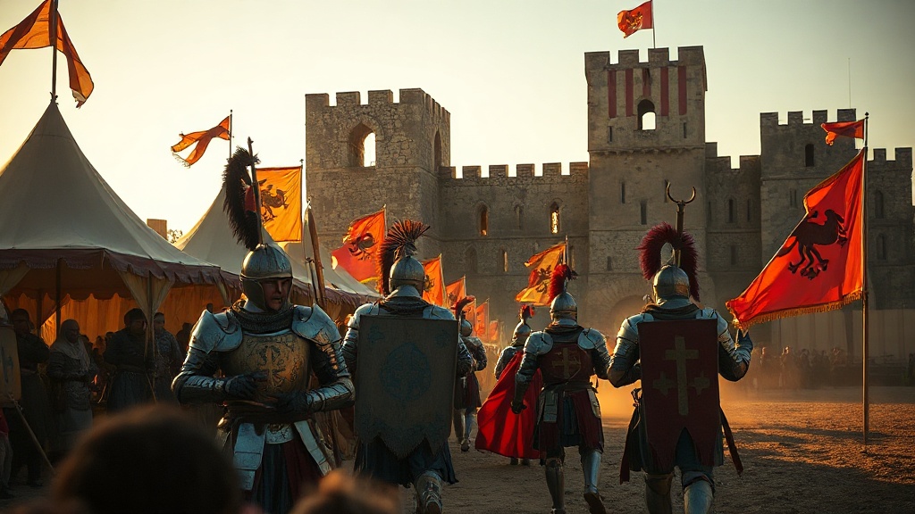Fête médiévale française au crépuscule d'été, chevaliers en armure défilant devant des tentes de toile rayées et des bannières héraldiques colorées près des ruines d'un château de pierre
