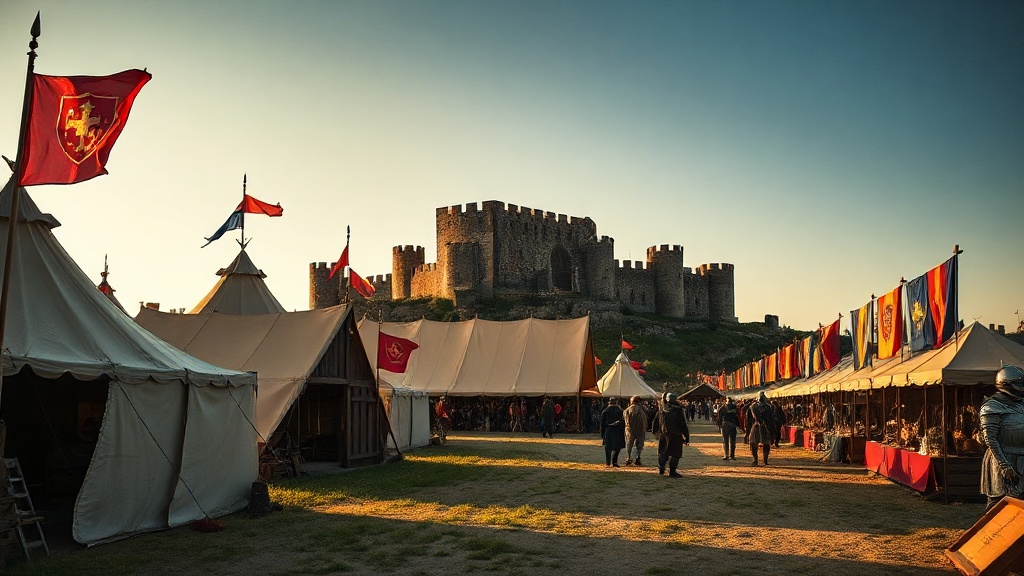 Campement médiéval en Auvergne-Rhône-Alpes au crépuscule, tentes de reconstitution et bannières colorées devant une forteresse en pierre