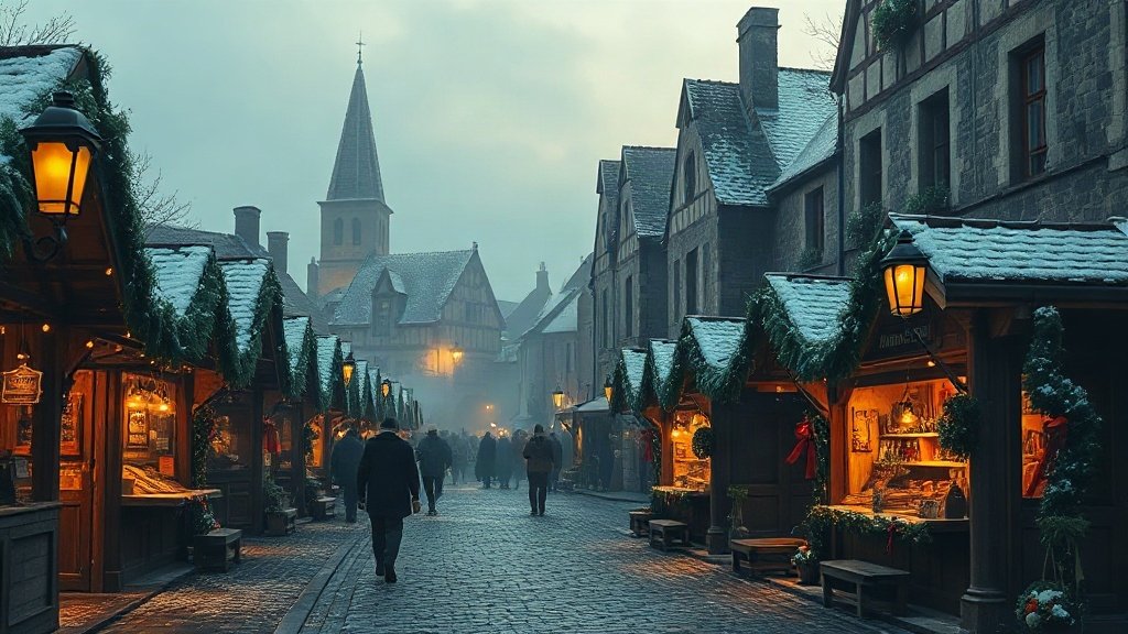 Marché de Noël médiéval dans un village fortifié français au crépuscule, échoppes en bois éclairées de lanternes et guirlandes de sapin, ruelles pavées enneigées devant des maisons à colombages