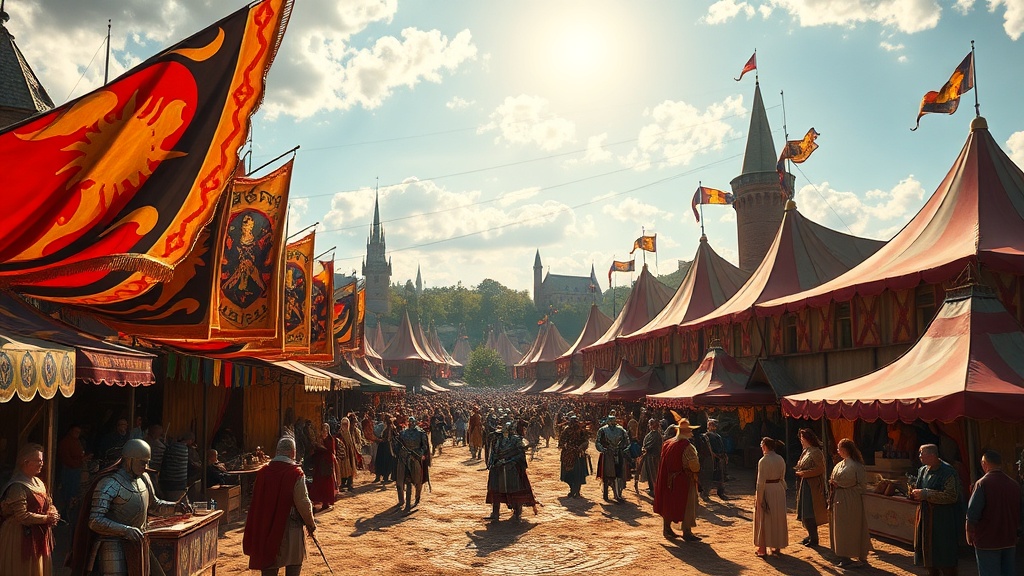 Fête médiévale en France 2026 : campement de chevaliers, tentes aux bannières dorées, marché d'artisans et joute au tournoi sous un ciel d'été, ambiance immersive