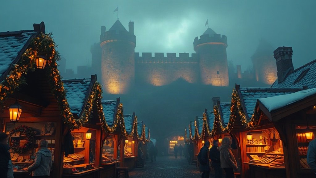 Marché de Noël médiéval français au crépuscule de novembre, échoppes en bois éclairées de lanternes et de guirlandes dorées devant les remparts d'un village fortifié