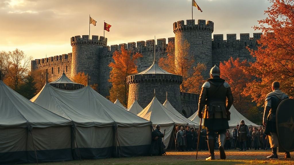 Fête médiévale française sous une lumière dorée d'automne, campement de toile et bannières héraldiques devant les remparts d'une cité fortifiée entourée de feuillages roux