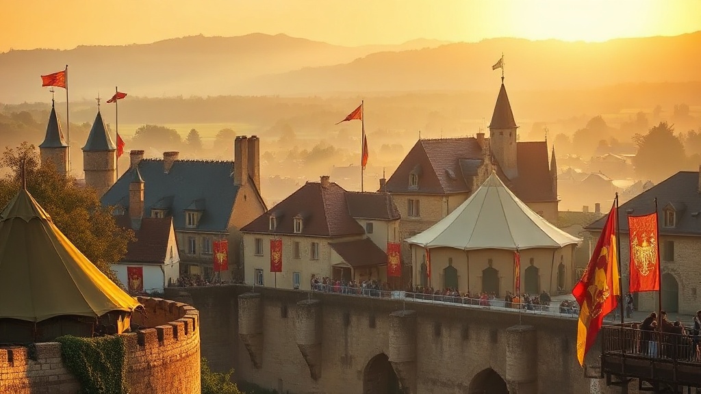Fête médiévale française à la lumière dorée d'une fin d'après-midi de septembre, campement de toile et bannières héraldiques devant les remparts d'une cité fortifiée