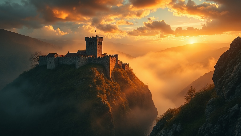 Forteresse médiévale en ruines dressée sur un éperon rocheux au-dessus des gorges brumeuses de la Loire, lumière dorée du couchant, ambiance du Forez médiéval