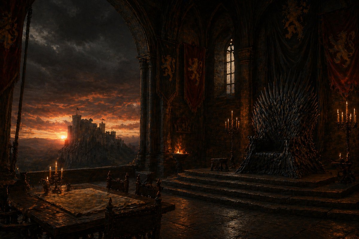 Dramatic medieval castle at sunset, Iron Throne room fantasy style, Game of Thrones atmosphere, French chateau, dramatic storm clouds, cinematic lighting, digital art