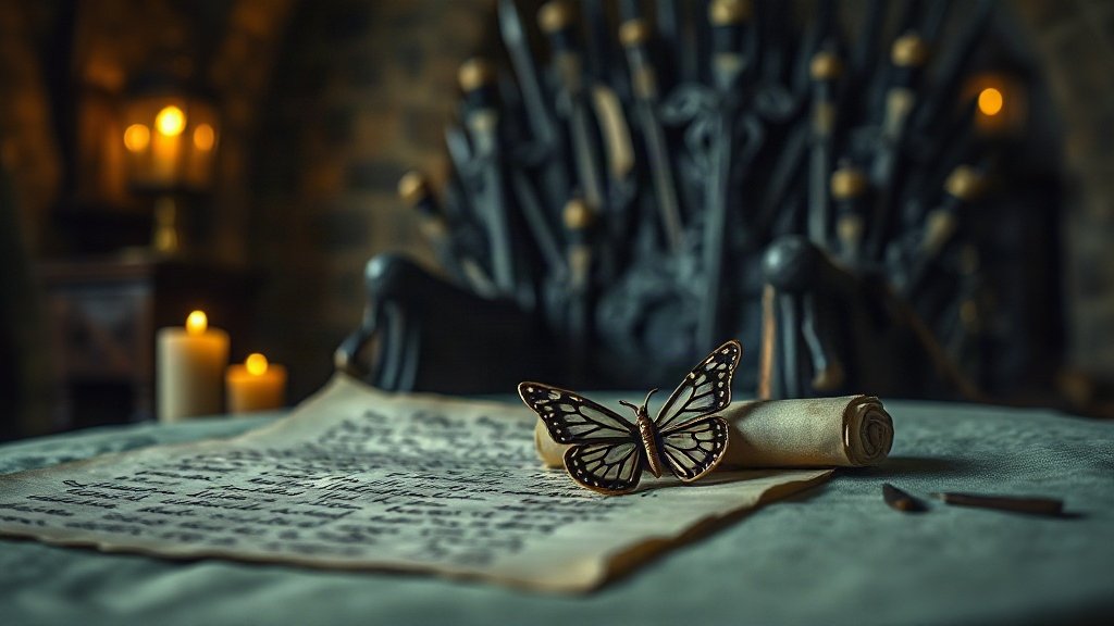 Petit papillon de bronze et fragment de parchemin couvert d'une écriture énigmatique posés sur du velours vert pâle devant un trône de fer forgé éclairé aux chandelles, dans une salle médiévale de pierre, ambiance Helaena Targaryen et House of the Dragon